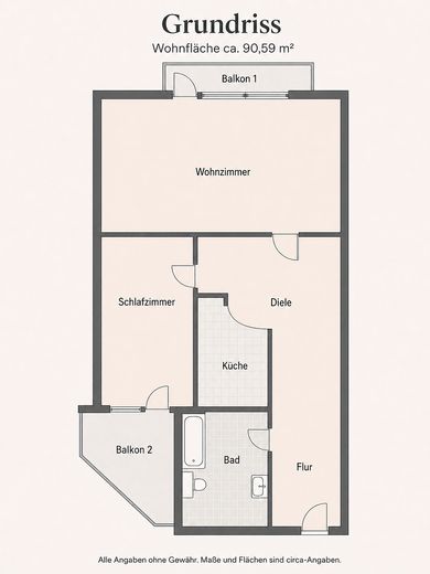 ब्रोकर कमीशन-मुक्त! ऊपरी मंज़िल, 91m², 2 टैरेस, 2.5 कमरे – KI Erstellter Grundriss