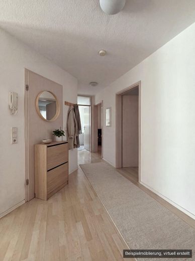 Helle 3-Zimmer-Erdgeschosswohnung mit Terrasse, Garten und Fußbodenheizung, Stellplätze optional – Diele (KI-möbliert)