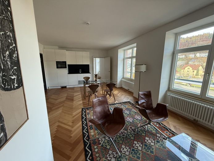 Möbliertes Luxus-Wohnen im LöwenBau - E3-W06, 2 Zi, 54 m² - 1.700 € FLAT – Wohnzimmer Blick zur Küche