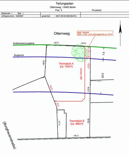 Berlino-Frohnau: raro terreno edificabile esposto a sud-ovest – tranquilla seconda fila, ottimamente collegato – Teilungsplan vom Vermesser