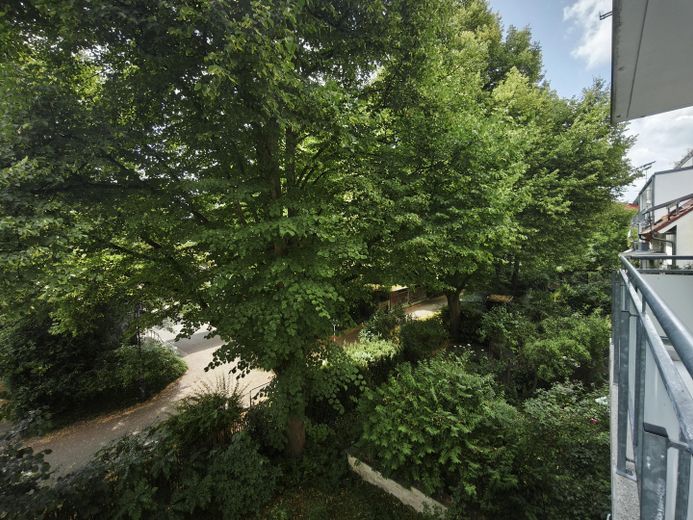 Appartamento per famiglie di rara bellezza – balcone esposto a sud-ovest, 2 bagni e posizione tranquilla di prim’ordine a Freiburg-Vauban – Westblick vom Balkon 