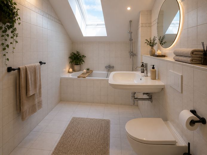Zentral gelegene 4-Zimmer Maisonettewohnung mit 70m² Dachterrasse und Tiefgaragenstellplatz – Bad gestaltet