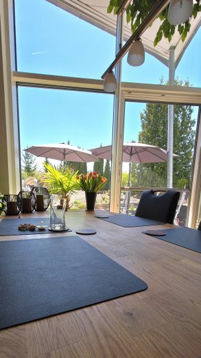 Hochwertiges Architektenhaus mit Wintergarten, Teich und 1.541 m² Grundstück in Albstadt-Tailfingen – Essbereich mit Gartenblick