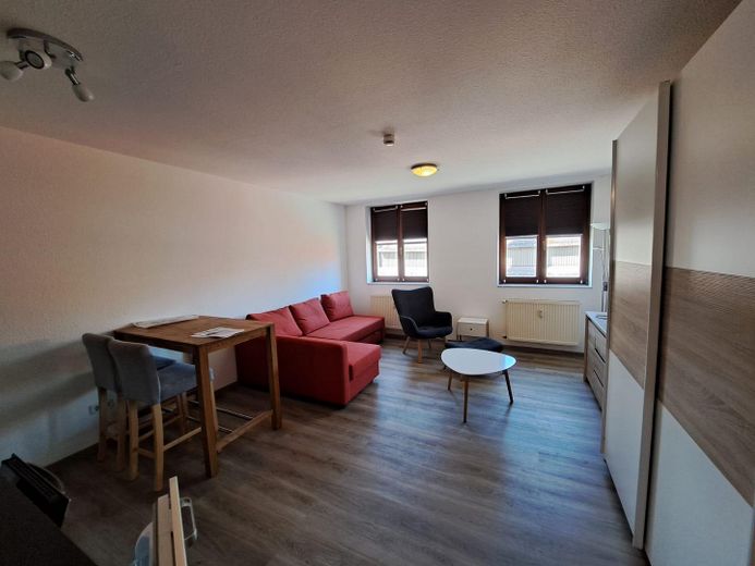 Modern und Gemütlich, Pendlerwohnung, 1-Raum Appartement im Denkmalhof, komplett ausgestattet – Blick zum Fenster