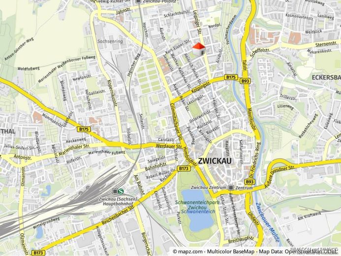 Repräsentative Büroeinheit mit Balkon, 2 WCs, Küche und großem Foyer in Zwickau-Nordvorstadt zu vermieten! – Kartenausschnitt
