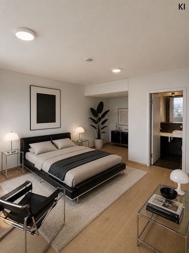 Penthouse in PRÄDIUM Frankfurt – luxe boven de daken van de Mainmetropool – Schlafzimmer mit Möbel KI