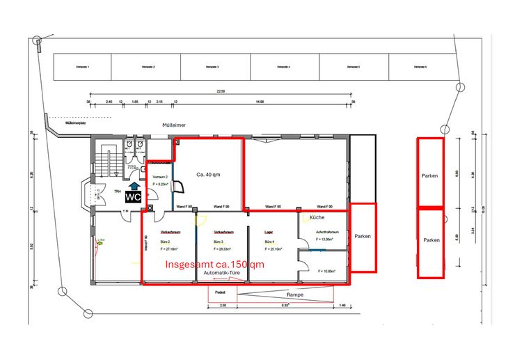 150 m² | 1.990 € netto | Praxis, Büro oder Laden | Klimatisiert | Barrierefrei | 3 Stellplätze – Grundriss