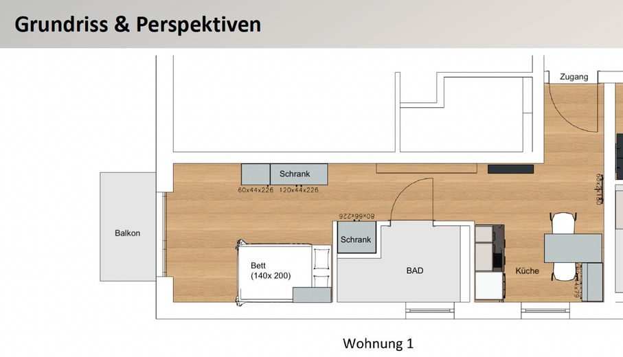 Möbliertes 1-Zimmer-Apartment mit Küche und Balkon (Erstbezug) – Grundriss möbeliert