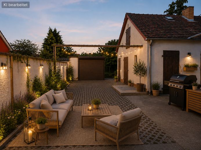 Verstecktes Raumwunder! Doppelhaushälfte mit großem Garten, Garage und überraschend viel Platz – Innenhof - KI Beispiel