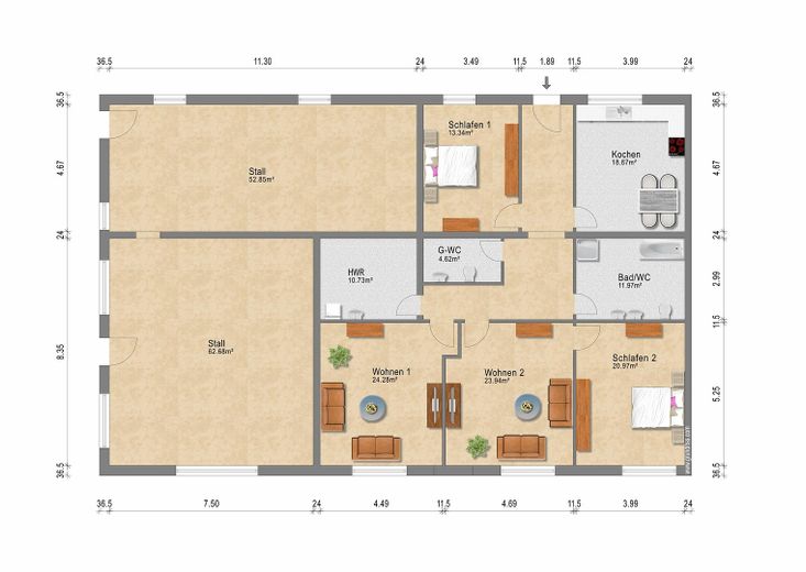 Casa de campo para artesanos y aficionados a los caballos: 2 viviendas, 670 m² de superficie útil – Grundriss Wohnung + Stall