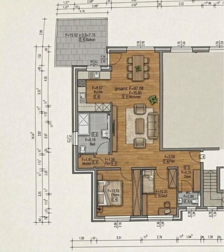 Apartamento de 3 habitaciones como nuevo (año de construcción 2021) con balcón de 15 m², aire acondicionado y plaza de garaje subterráneo – Grundriss
