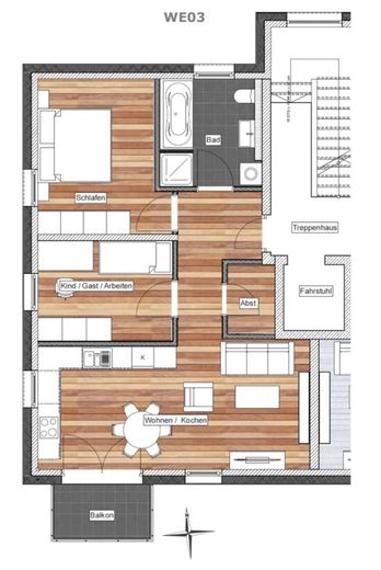 Eerste bewoning! Lichte 3-kamerwoning met zuidbalkon, EBK, lift en parkeerplaats voor auto – Grundriss