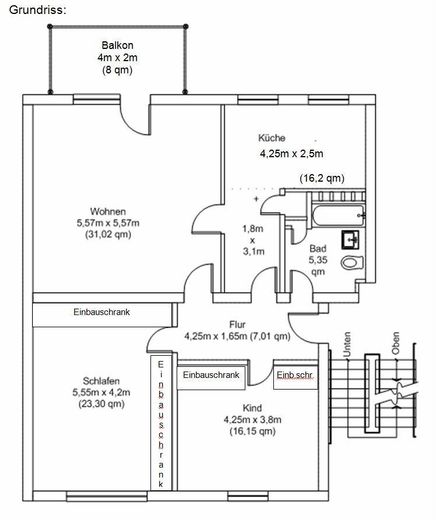 renov.bedürft. 3,5-Zi-Whg mit Balkon und EBK samt sep. DG-Whg. im Rohbau, in freundl. MFH in HN – Grundriss Hauptwohnung