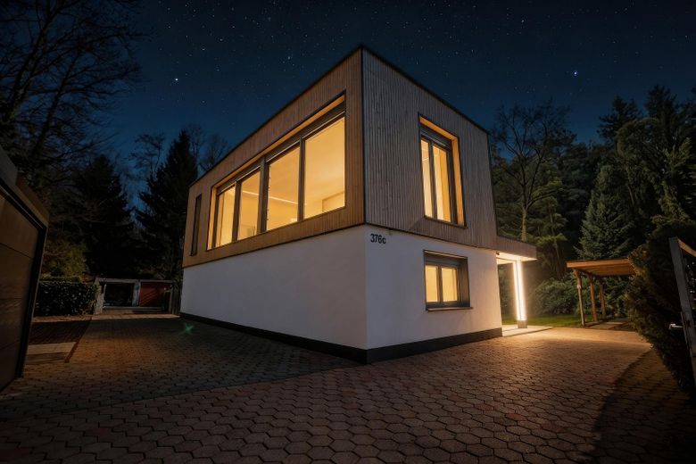 Freistehendes Designhaus am Wald | hochwertig modernisiert , einzugsbereit | 7 Stellplätze – KI_A_Haus_bei_Nacht