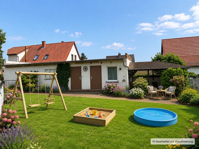 Sotto i 150.000 €: casa familiare di 131 m² con 4 camere da letto, 2 bagni e 2 garage – senza commissioni – Familiengarten - KI generiert