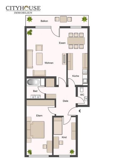 CITYHOUSE: Gut geschnittene Etagenwohnung mit großem Balkon, Keller und eigener Garage – Grundriss Exposé
