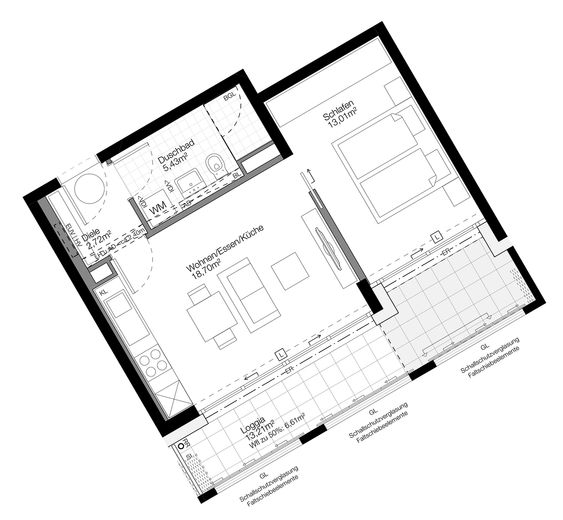 2-Zi.-Erstbezug in Pasing | Designküche mit Kochinsel | 13 m² Glasloggia – Grundriss