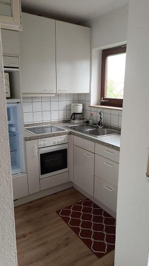🌿 Bezugsfertig vollmöbliert – 1-Zimmer-Wohnung im vollsanierten A+-Haus mit Balkon! 🌳 – Küche mit Herd, Kühlschrank