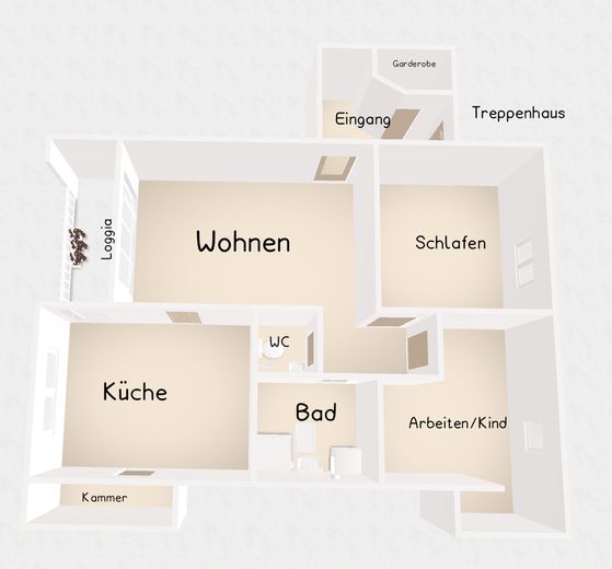 „Your morning coffee with river view – 3 rooms, loggia & unobstructed water location in Leipzig Plagwitz“ – Grundriss 3D