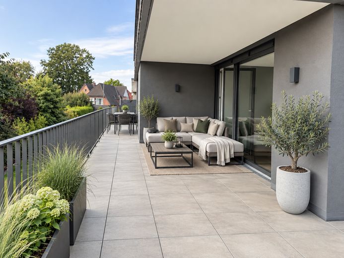 Ampio e luminoso appartamento di nuova costruzione con terrazza sul tetto a Verl – Dachterrasse (KI-generiert)