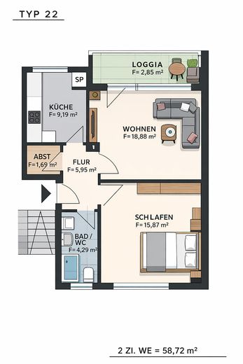 2 Zimmer Wohnung, 58,7 qm EBK, Balkon – Grundriss