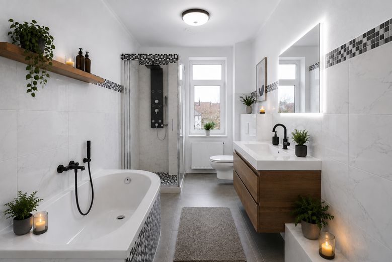 2-Zi. Wohnung + Balkon + Keller + Garten + Aufzug – Badezimmer 