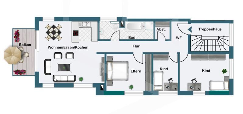 Großzügige Maisonette-Wohnung im Niedrigenergiehaus mit Blick ins Grüne – Grundriss DG Wohnung