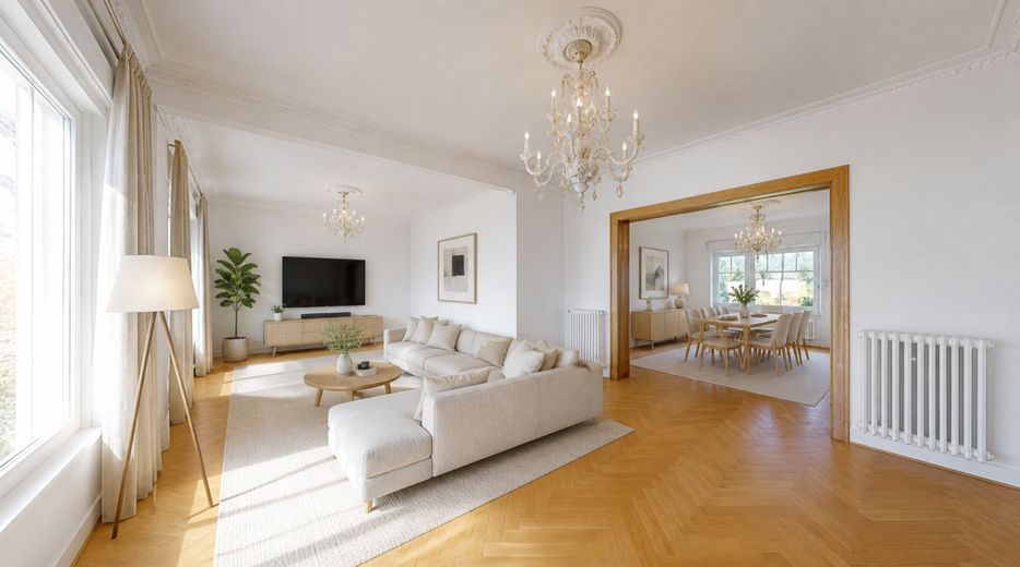 Familienhaus mit 162 m², Wintergarten und Garten in zentraler Lage von Burg bei Magdeburg – Wohn- und Essbereich Visualisierung (virtuell eingerichtet)