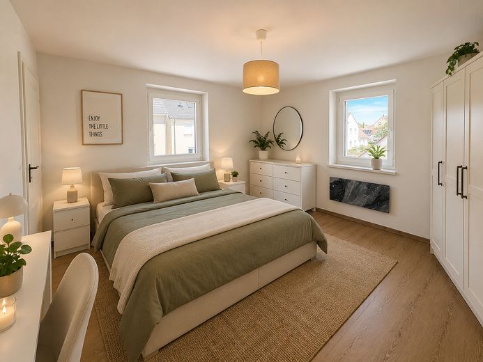 Voll möbliertes Zimmer - neu saniert - All-Inklusiv in Bechhofen – Helles Schlafzimmer (KI Bsp.)