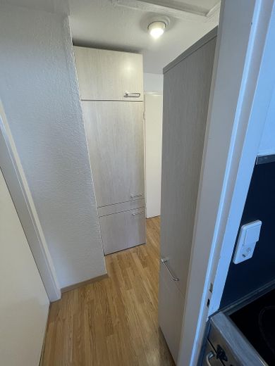 Sonnige 3 Zimmer DG-Whg.m.Stellplatz und Einbauküche in Stammheim ruhige Straße – Kühlschran