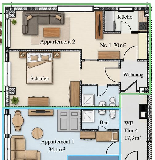 सुसज्जित अपार्टमेंट 1R=34m², 2R= 7m², 3 R= 114m², अल्पकालिक किराये के लिए भी उपलब्ध – Grundriss