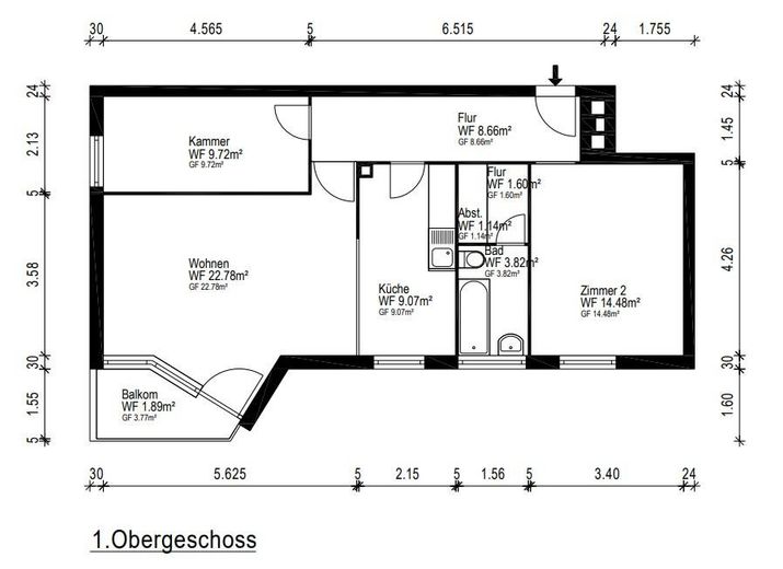 3-Zimmer-Wohnung (72 m²) mit Südwest-Balkon & Stellplatz – umfassend saniert (Provisonsfrei) – Grundriss mit Maßen