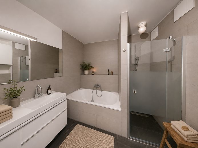Moderno piso de 3 habitaciones con azotea, balcón y plaza de garaje subterráneo en HafenCity – Virtuelles Staging Bad