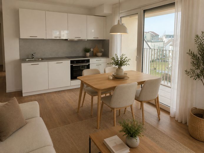 *Neuwertig* 3-Zimmer-Wohnung mit Balkon in Offenbach – Einbauküche mit Möbel KI