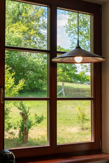 Landhaus unter Reet am See, Gästewohnung, Stallungen, Weiden und Wald. – Blick aus dem Küchenfenster 