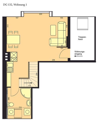 Dachgeschoß-Maisonette-Wohnung 52 qm am Tilsiter Platz in Kiel-Ellerbek – Grundebene mit Wohnz. und Bad
