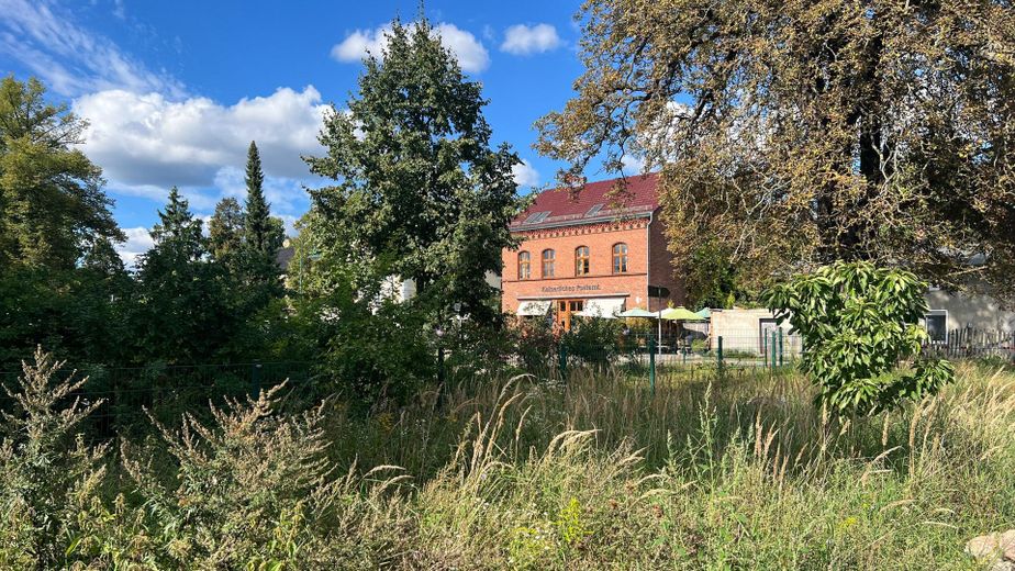Biesenthal: 1.646 m² erschlossen, Altbau, PV-Anlage, 40 Min nach Berlin – Blick nach gegenüber zum Cafè