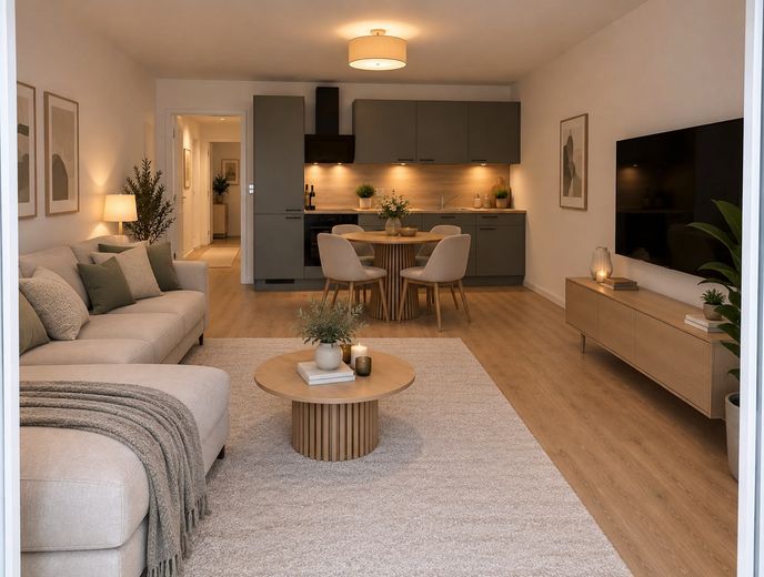 Appartamento bilocale completamente ristrutturato con ampia terrazza in posizione tranquilla! – KI generiert