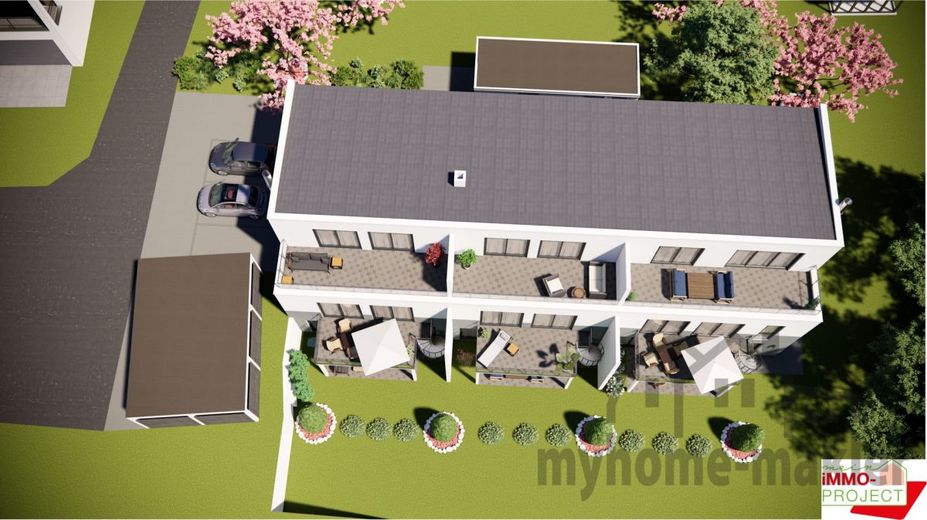 Provisionsfrei vom Bauträger: Modernes und urbanes Reihenendhaus in ruhiger Ortsrandlage – Ansicht Birds Eye