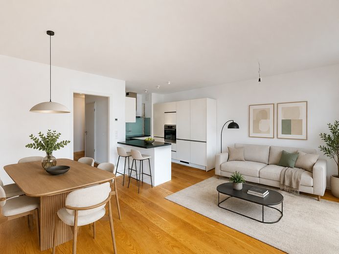 Moderno piso de 3 habitaciones con azotea, balcón y plaza de garaje subterráneo en HafenCity – Virtuelles Staging Wohnzimmer