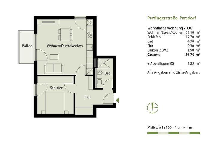 KfW-40-QNG Neubau | Bezugsfertige 2-Zi.-Wohnung mit Balkon, EBK & TG in Parsdorf bei München - WE 07 – Grundriss WE 07