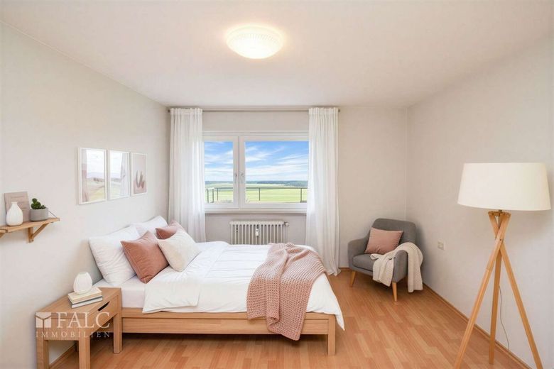 Ankommen. Bleiben. Durchatmen. - 3 Zimmer mit Grünblick – Schlafzimmer-KI generiert