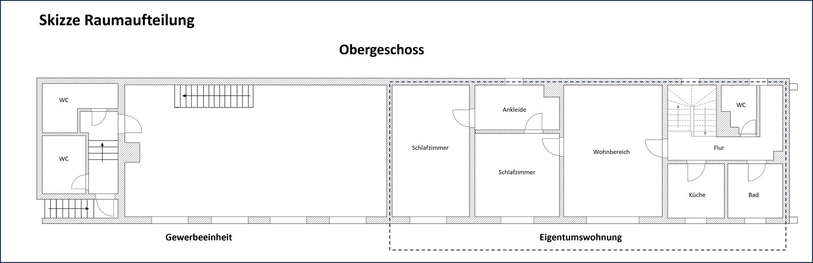 Großzügige Gewerbefläche für Praxis, Büro, Handel oder Wohnen + eine Eigentumswohnung (ohne Makler) – Skizze Raumaufteilung OG
