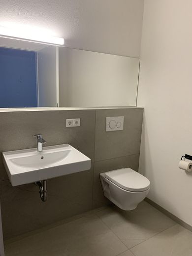 2,5 Zimmer Wohnung im Neubau in Lauchheim auf Wunsch mit Küche – Badezimmer mit großem Spiegel