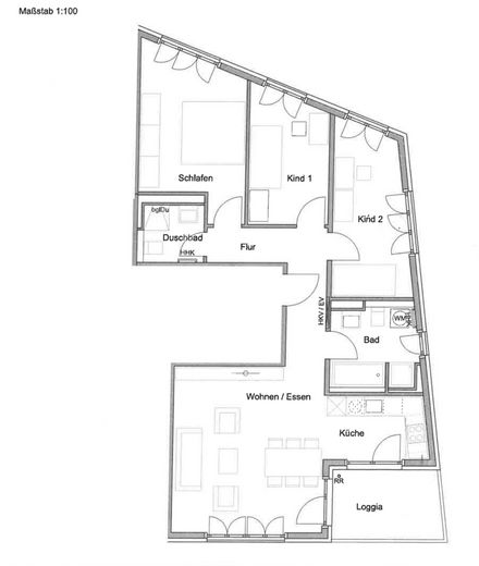 München-Aubing: Neuwertige familienfreundliche 4-Zimmer-Wohnung mit Blick ins Grüne / S-Bahn-Nähe – Grundriss mit Maßstab