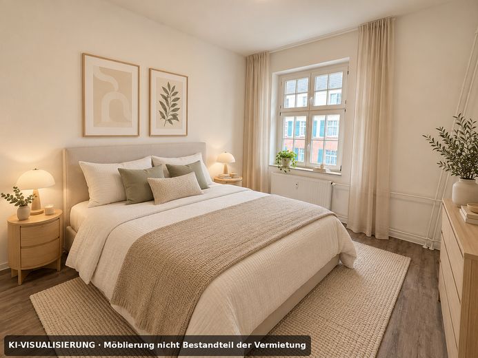 Wonen met geschiedenis & uitzicht op groen – gemoderniseerd 2-kamerappartement met balkon en uitzicht op de klokkentoren – Schlafzimmer-KI-Visualisierung