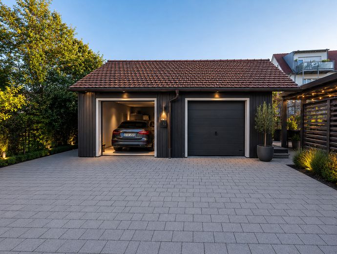 Casa bifamiliare centrale, ampio giardino consolidato, garage doppio, impianto fotovoltaico, senza provvigione – Doppelgarage KI-visualisiert