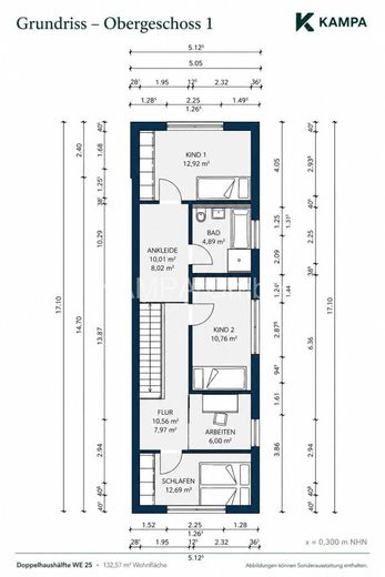 Exklusive Doppelhaushälfte in Südausrichtung | KfW 40 | PV &amp; Speicher | Berlin vor der Tür – Grundriss OG - Doppelhaushälfte - Kampa