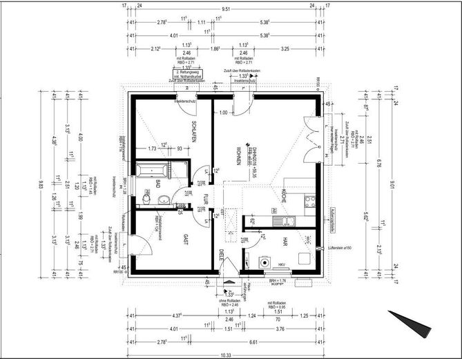 RESERVIERT  Moderner Neubau-Bungalow  mit pflegeleichtem Garten – bemaßter Grundriss