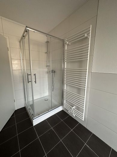 Penthousewoning met balkon, uitzicht op het groen, eerste bewoning na renovatie – Dusche, Handtuchheizkörper